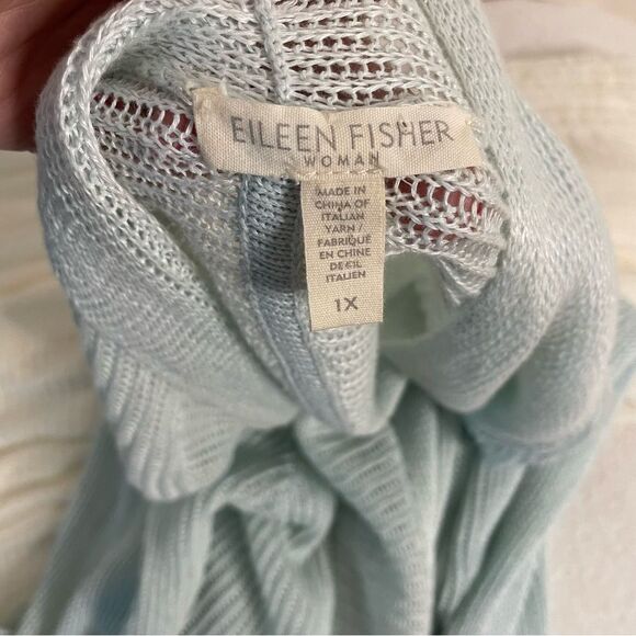 Eileen Fisher Cardigan Sweater Linen Loose Knit Open Front Light Blue Size 1X - Picture 7 of 7